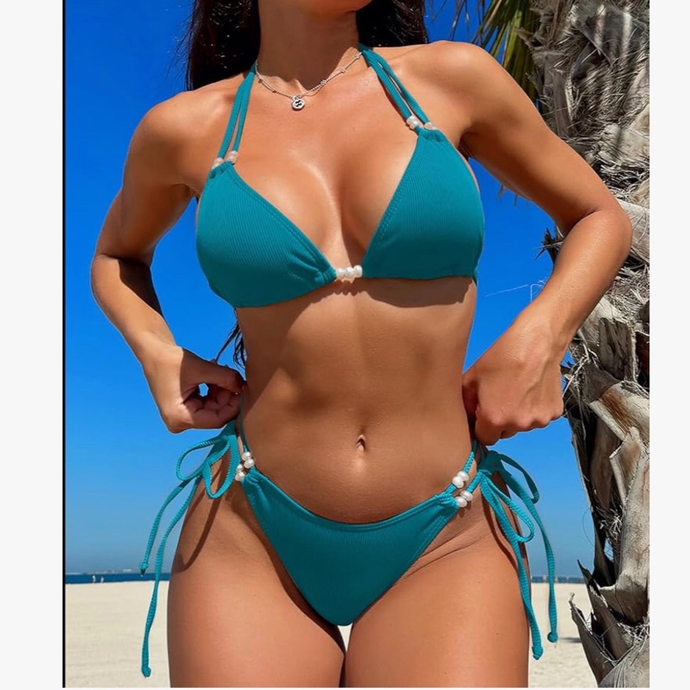 TASHEHE Pearl Detail Side-Tie Triangle String Bikini